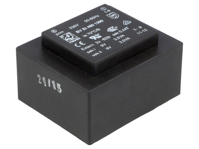 Transformator: ingegoten; 7VA; 230VAC; 9V; 9V; 389mA; 389mA; PCB Transformator: ingegoten; 7VA; 230VAC; 9V; 9V; 389mA; 389mA; PCB